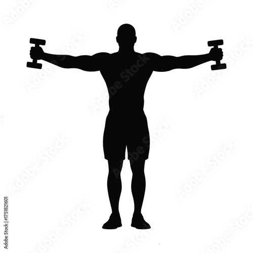 Silhouette of a muscular man performing a lateral dumbbell raise exercise