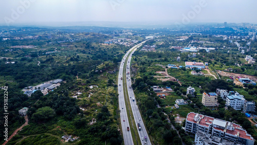 Ariel Shot of beautiful Bangalore City in India	with nice road passingby