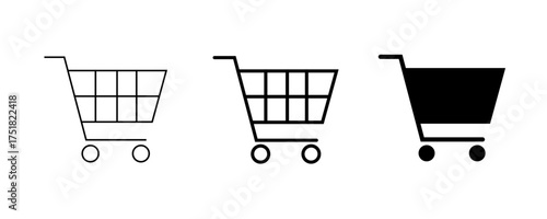 Set of minimalist shopping cart icons with transparent background, depicting e-commerce symbols, online store elements, retail marketing, and buying process, vector illustration
