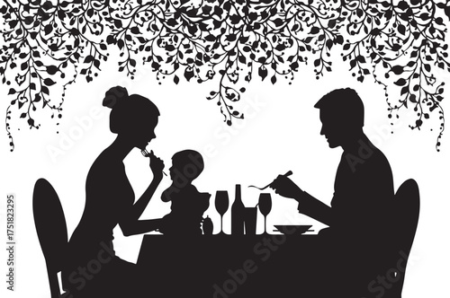 Minimalist family eating dinner together silhouette depicting warmth, love, and connection around the dining table