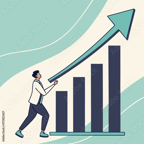 A determined businessman pushes an upward trending arrow from a bar graph symbolizing financial growth and success in business