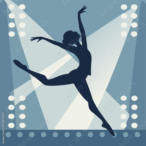 A graceful silhouette of a female ballet dancer in a dynamic pose illuminated by stage spotlights against a geometric blue background with rows of lights