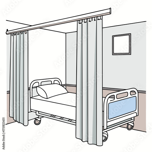 A hospital room with a medical bed privacy curtains and a small framed picture on the wall illustrating a clean and sterile environment for patient care