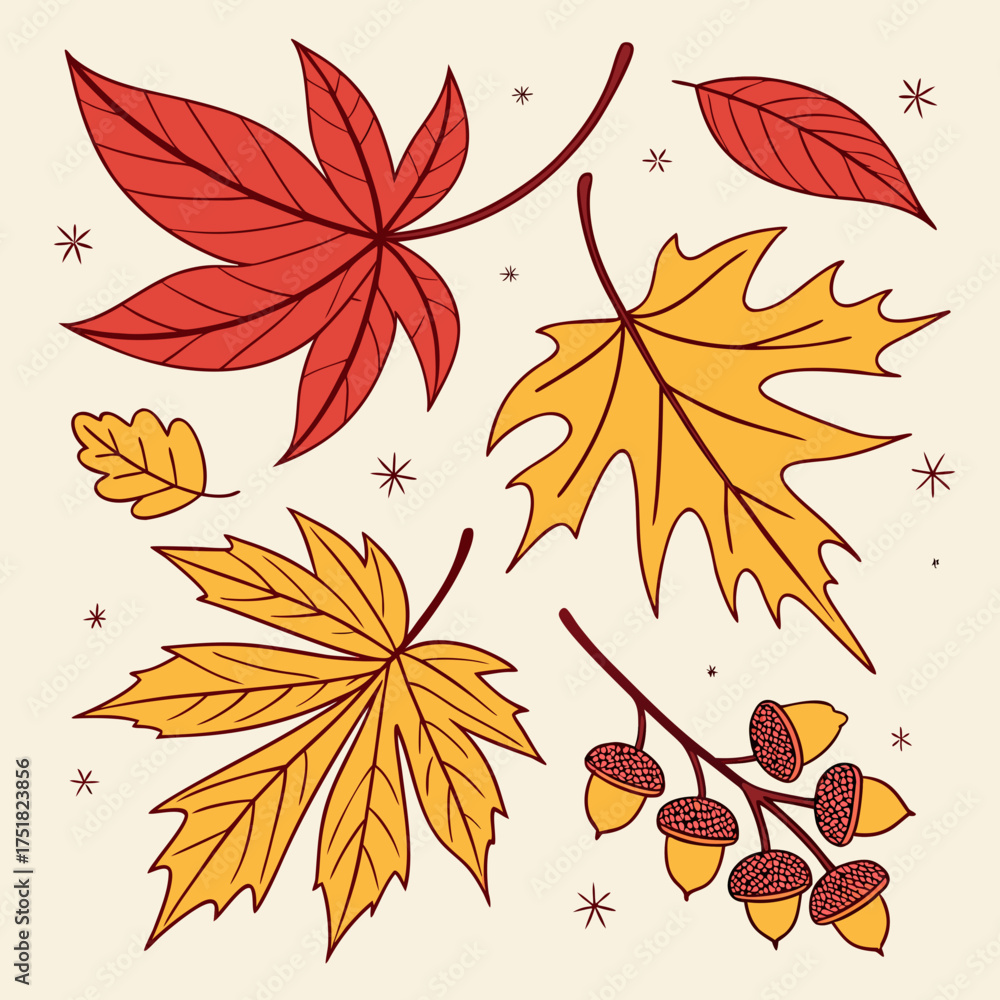 Fototapeta premium A vibrant collection of autumn leaves in red and yellow hues alongside a branch of acorns set against a soft cream background with small starburst accents