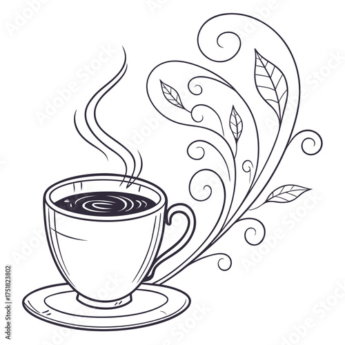 A steaming cup of coffee or tea with a decorative flourish of swirling vines and leaves presented in a simple line art style on a white background