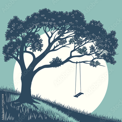 A solitary swing hangs from a large leafy tree silhouette against a soft pale moon and a muted teal sky evoking a sense of nostalgia and peaceful solitude