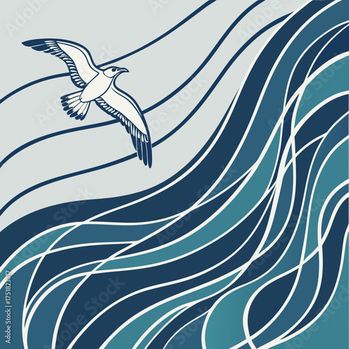 A stylized graphic illustration of a white seagull with dark blue outlines soaring gracefully above abstract wavy lines representing the ocean and sky in shades of blue and gray
