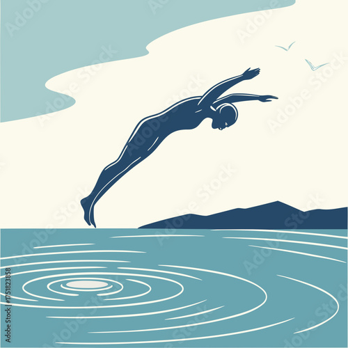 A stylized silhouette of a person diving into clear blue water creating ripples with mountains and birds in the background under a pale sky