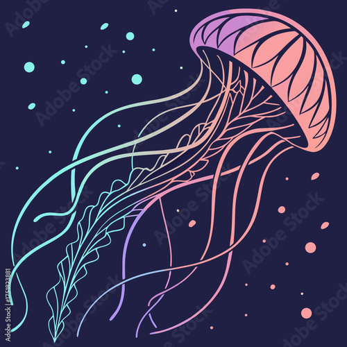 A vibrant gradient of pink purple and turquoise outlines a graceful jellyfish with flowing tentacles against a dark navy blue background dotted with small circles representing bubbles or plankton