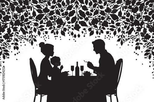 Minimalist family eating dinner together silhouette depicting warmth, love, and connection around the dining table