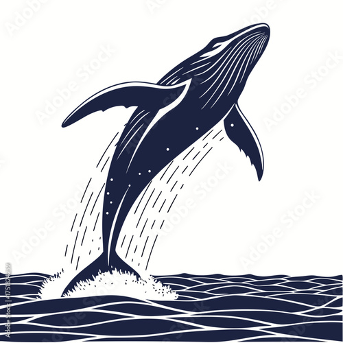 Majestic humpback whale breaching out of deep blue ocean waves in a stylized illustration with a white background