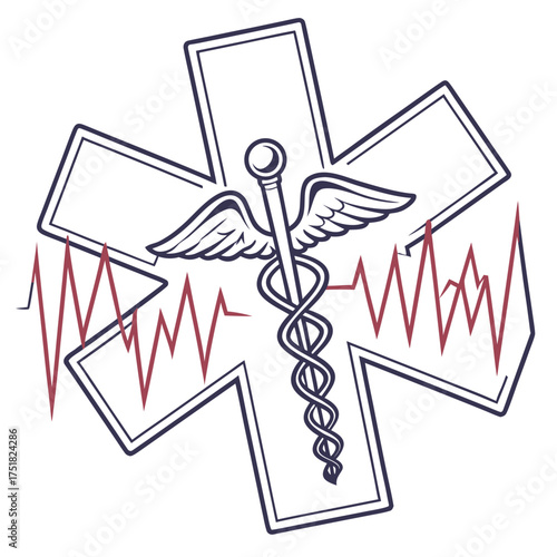 Medical emergency symbol with caduceus and heartbeat line representing healthcare and life support services
