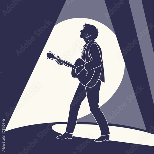 Silhouette of a man playing an acoustic guitar on a stage illuminated by a bright spotlight and dramatic stage lighting with a minimalist design and clean lines
