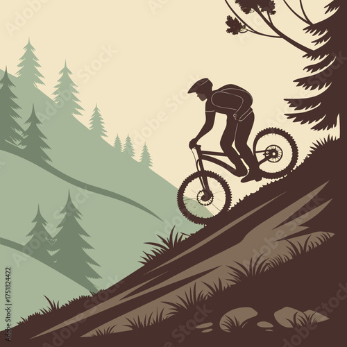 Silhouette of a mountain biker descending a steep wooded slope with pine trees and rolling hills in the background conveying adventure and outdoor sport