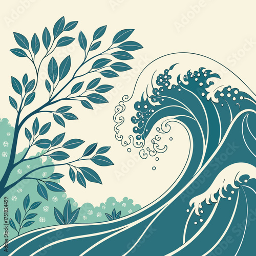 Stylized illustration of a large blue ocean wave with white foam crests and a dark blue tree with green leaves on the left side against a cream background