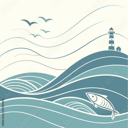 Stylized illustration of a serene ocean scene with rolling waves a leaping fish a distant lighthouse on a hill and soaring seagulls against a pale sky