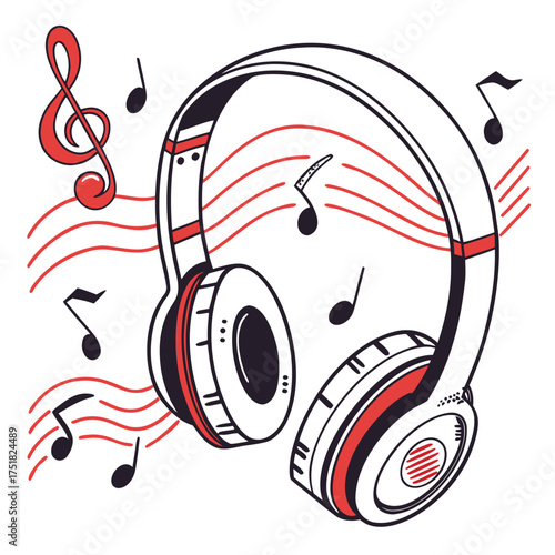 Stylized illustration of red and black headphones with musical notes and red wavy lines on a white background representing music and sound