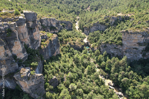Aerial view of Gorg Gorge (Barranc del Gorg) on sunny summer day. La Febró, Tarragona, Spain.