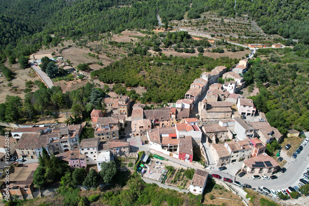 Obraz premium Aerial view of La Febró village on sunny summer day. Tarragona, Spain.