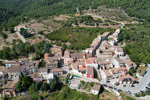 Aerial view of La Febró village on sunny summer day. Tarragona, Spain.
