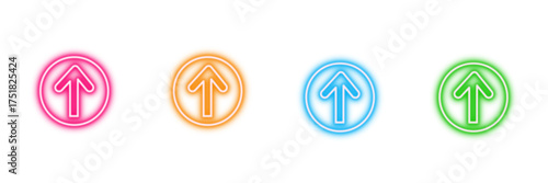 Neon glowing up arrow vector icons set, upload, direction, growth, progress, interface, vibrant digital design  illustration on transparent background.
