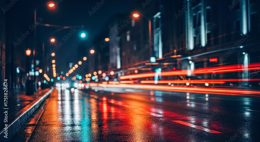 Obraz premium Vibrant Blurred City Lights Bokeh, Dynamic Urban Nightscape Background