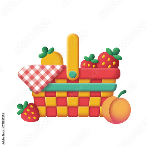 Cartoon picnic basket with strawberries and peach, on transparent background, summer vibe