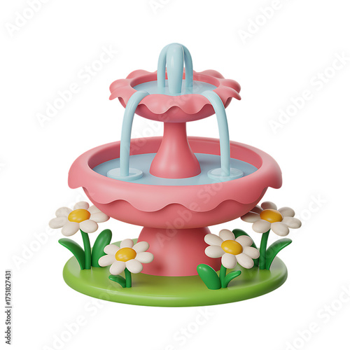 Cartoon pink fountain with blue water and white flowers on transparent background