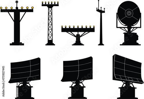 Airport radar silhouette, antenna tower, navigation system, aviation infrastructure, parabolic dish, communication equipment, black and white, air traffic control, surveillance, 
