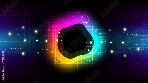 Colorful neon shape and computer technology background. Abstract futuristic digital network communication on electronic circuit