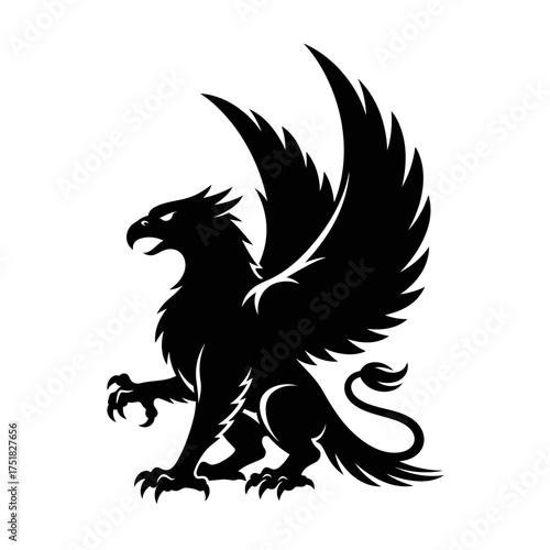 A Dynamic Vector Silhouette of a Griffin Standing Proudly with Spread Wings