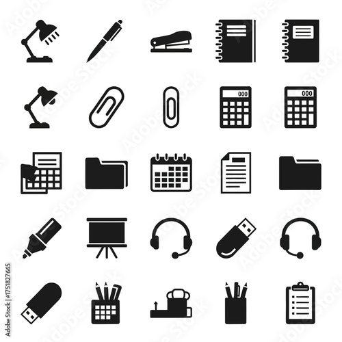 A Cohesive Set of Minimalist Black Vector Office and Stationery Icons for Web Design