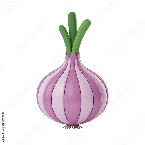 Cartoon red onion with green sprouts isolated on transparent background, 3d render