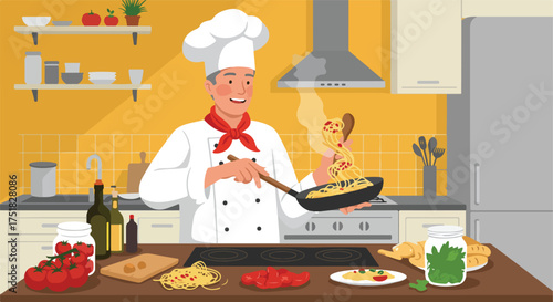 Vector Illustration of Chef Cooking Pasta in Modern Kitchen with Bright Colors and Minimalist Style