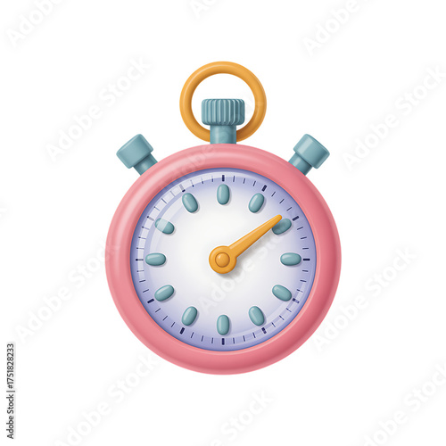 Cartoon stopwatch with pink frame and gold hand on transparent background