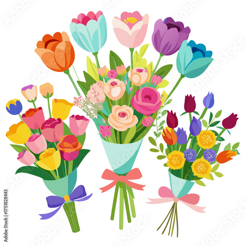 Beautiful hand drawn bouquet of vibrant garden flowers perfect for spring and summer floral arrangements and decorations