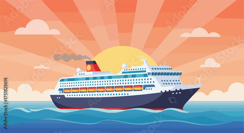 Vector Illustration of Cruise Ship with Sunset in Modern Style Featuring Bright Colors