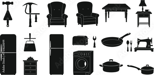 Black silhouette vector illustration of furniture, kitchen utensils, household appliances, tools, and home essentials isolated on white background design