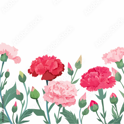 Elegant horizontal border design featuring a panoramic bouquet of red and pink carnations and delicate spring blossoms