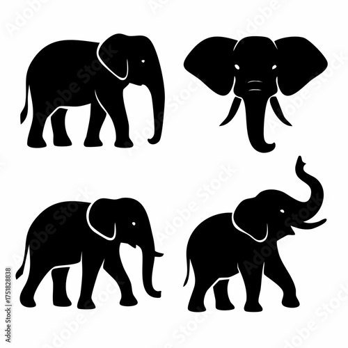 Set of four minimalist black elephant silhouettes isolated on a clean white background representing a simple icon collection