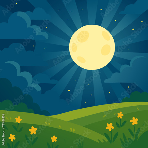 Enchanting meadow scene at twilight with a sky full of glowing fireflies and ethereal light rays creating a magical atmosphere