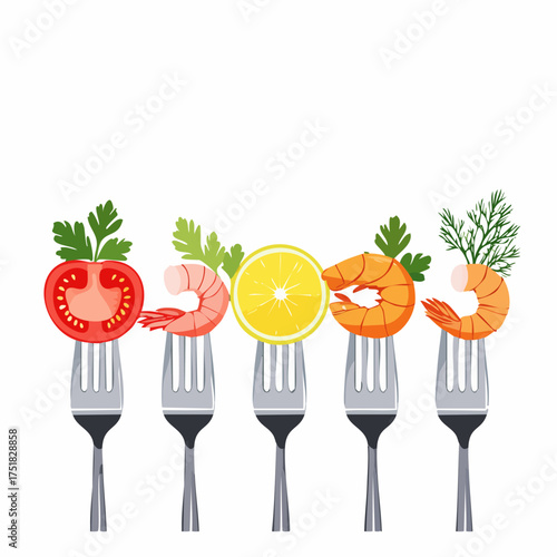 Healthy eating concept with forks holding fresh salmon avocado lemon and herbs for a balanced meal illustration