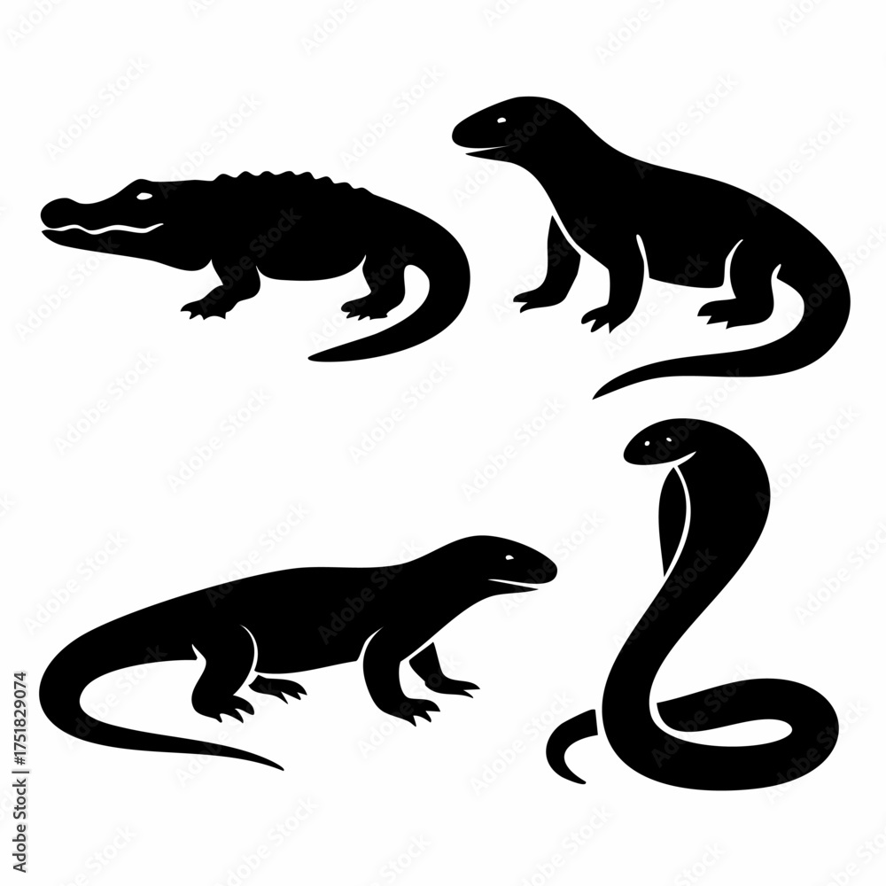 Naklejka premium Set of four minimalist black reptile silhouettes perfect for educational or nature themed designs presented on a clean white background
