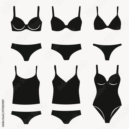 Elegant collection of classic lingerie and underwear silhouette icons featuring bras panties and camisoles for design projects