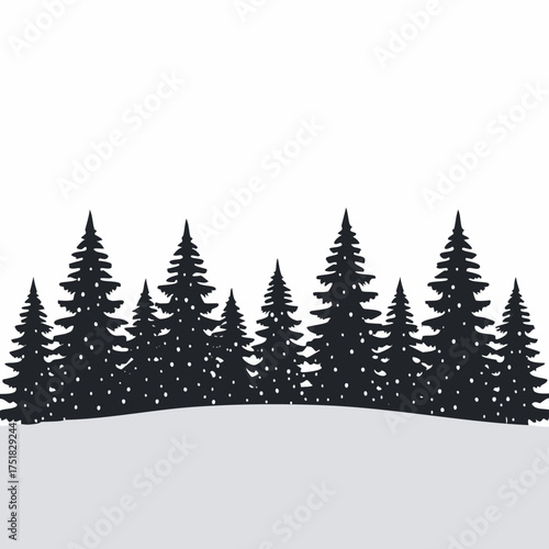 Enchanting winter forest silhouette with glowing fireflies and snow covered pine trees under a starry night sky