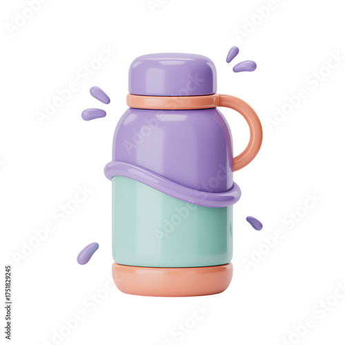 Cartoon water bottle with drops in pastel colors on transparent background 3d render