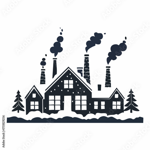 Charming winter village scene with glowing fireflies snow covered rooftops and wisps of smoke rising from chimneys