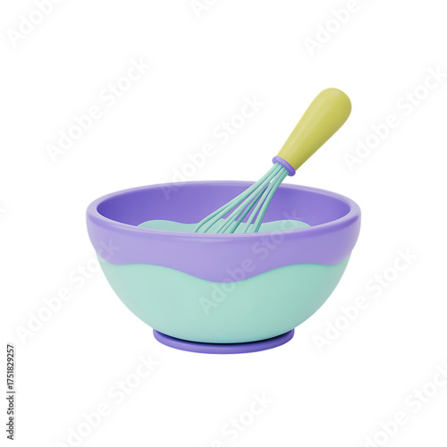 Cartoon whisk in a bowl on transparent background, kitchen utensil, 3d rendering