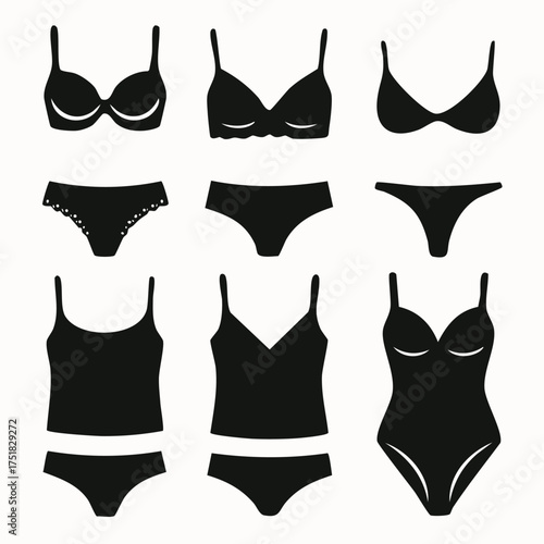 Collection of elegant women s underwear silhouettes featuring push up bras thongs lace panties and bralettes for fashion design and branding
