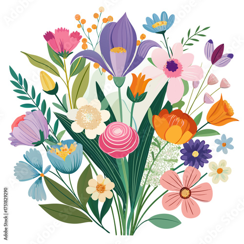 Beautiful hand drawn floral arrangement of diverse wildflowers and garden blossoms perfect for spring and summer nature themes